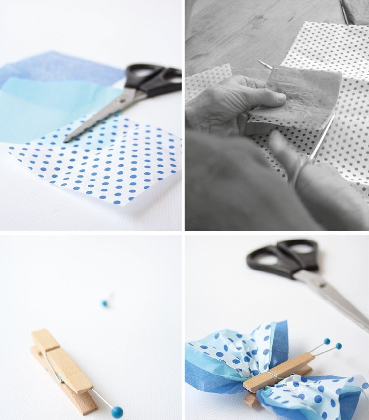 Mexendo com as instruções de prendedores de roupa de borboletas de papel de seda