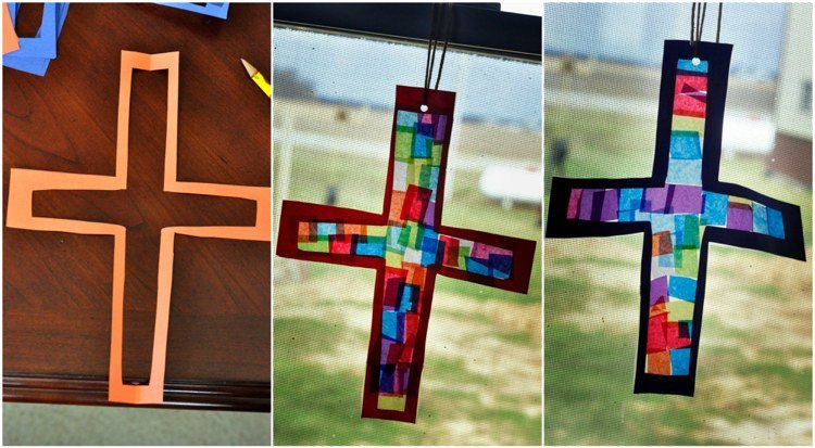 Artesanato com lenço de papel decoração de janela cruzada de Páscoa