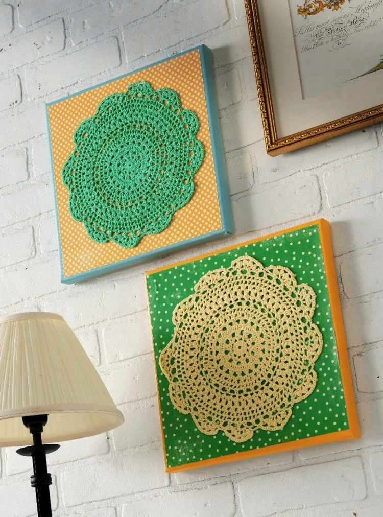 tinker-lace doilies-art-wall-decorate-idea-yellow-green-canvas