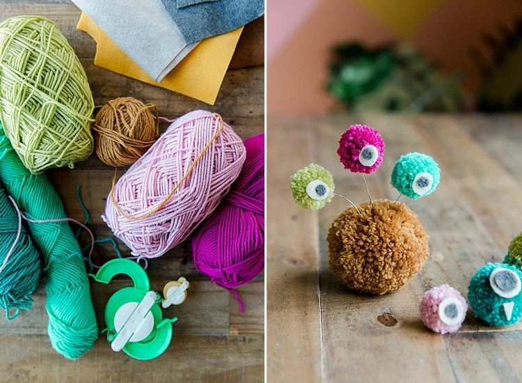 Artesanato com crianças Monstros de lã de pompons criam instruções e materiais você mesmo