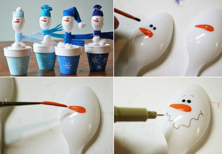 funileiro para colher de plástico de natal-vaso de flores-pintura-azul-bonecos de neve