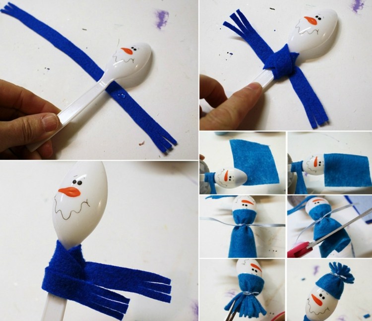 funileiro para colher de plástico de natal-snowman-idea-blue-feltro