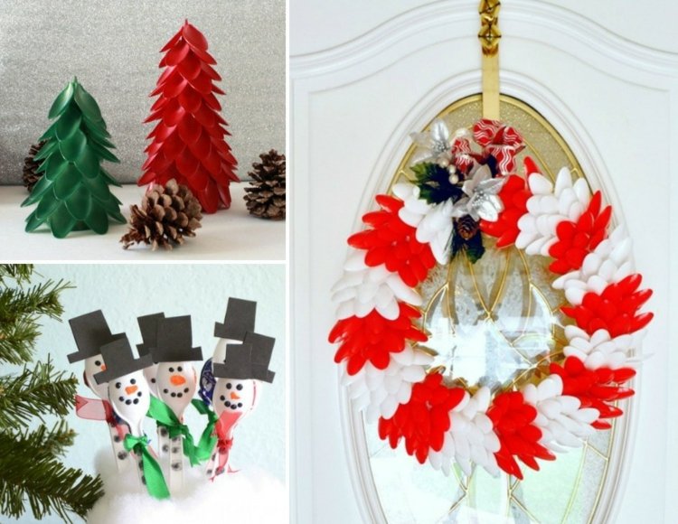 funileiro de Natal colher-abeto-árvore-vermelho-verde-grinalda-boneco de neve de plástico