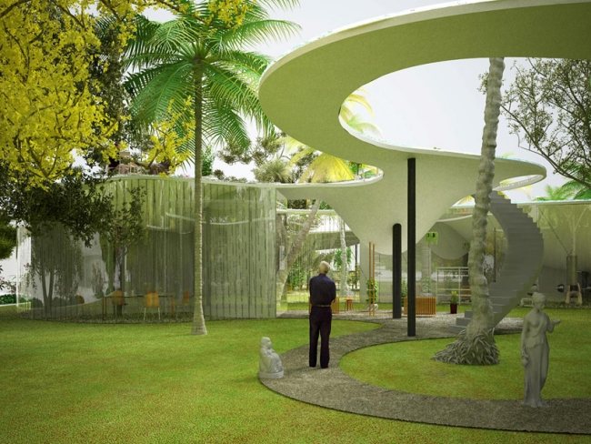 Casa moderna com planta baixa aberta, design de escada externa em forma de rim