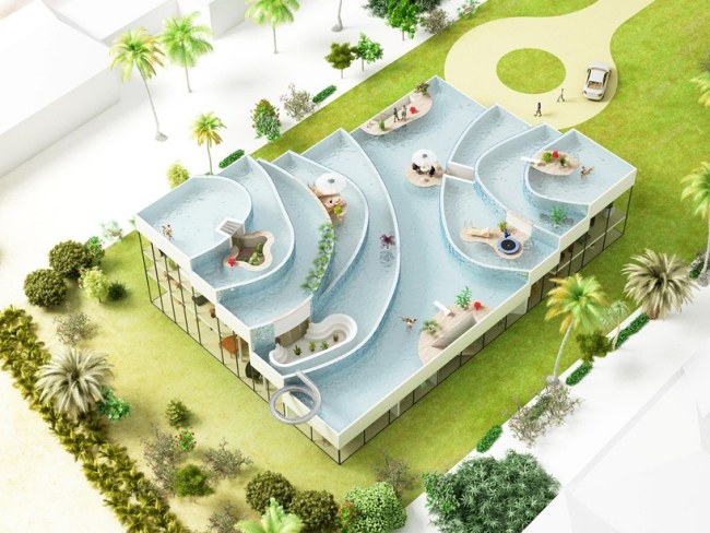 Visualização em 3D com terraço e toboágua na cobertura da casa da piscina