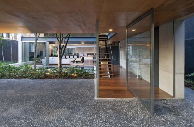 Edifício residencial, arquitetura moderna, plano aberto, mosaico, assentamento de pedras no chão