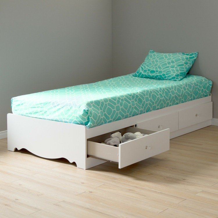 cama com gaveta - quarto de criança - roupa de cama branca-ideia-gaveta-turquesa