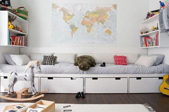Quarto para crianças com cama com armazenamento-armazenamento-economia de espaço
