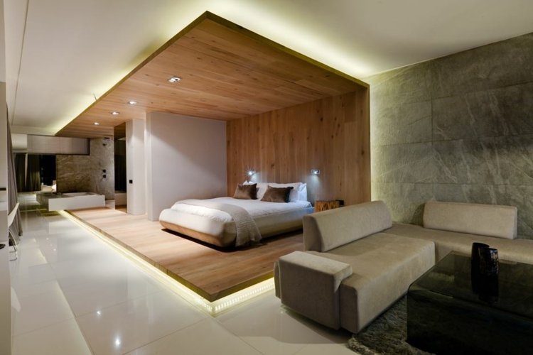 cama sem cabeceira de madeira-moldura de iluminação indireta-pedestal