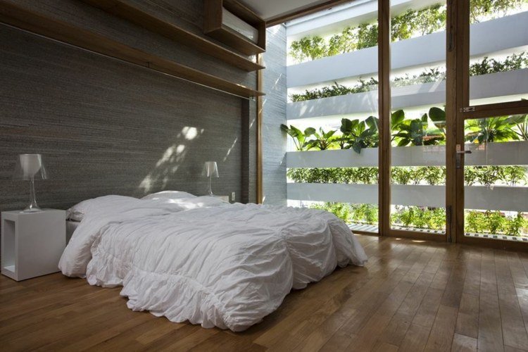 cama-cabeceira-romântico-design-vertical-jardim-planta-janela