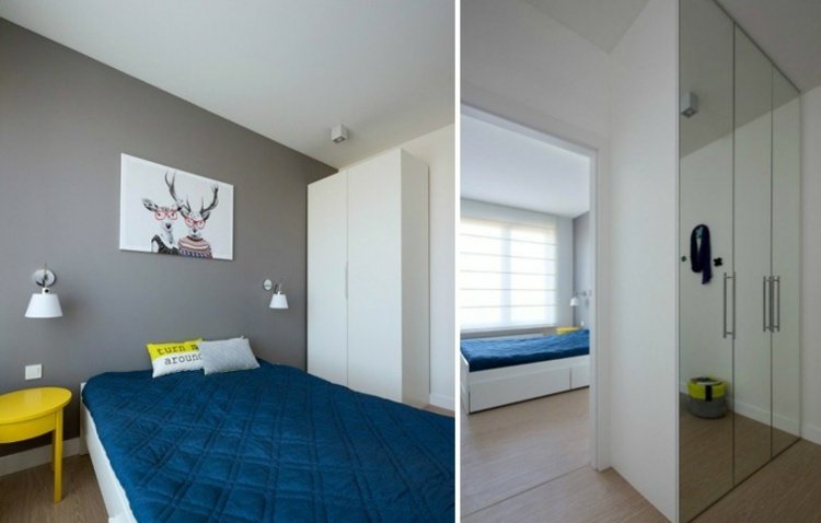 cama-cabeceira-cor acentos-azul-amarelo-mesa de cabeceira-cinza-parede-cor-branco-móveis-modernos