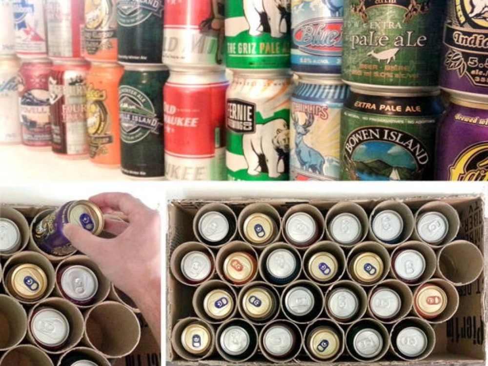 Faça tubos de papelão com tubos de transporte para latas de cerveja e coloque-os em uma caixa de papelão como um calendário do advento