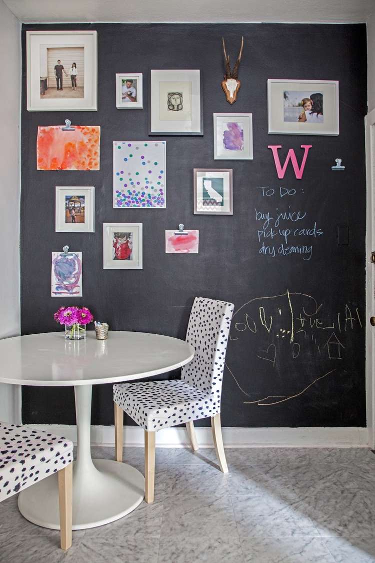 Projete uma parede de quadro, área de jantar, cor do quadro-negro, ideias de design