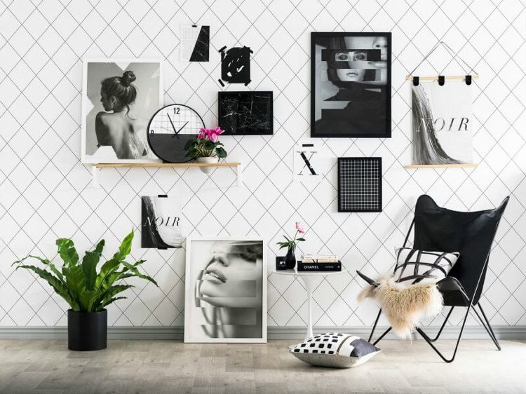 Projeto de parede de fotos prateleiras de fotos em preto e branco pendurar poltronas de chão Escandinavo