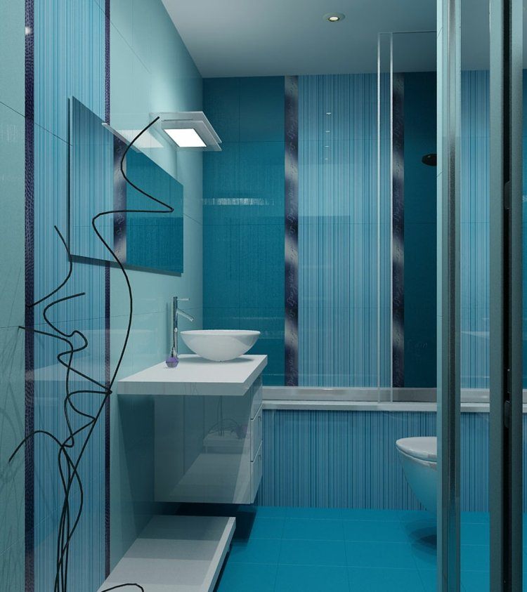 Azulejos azuis escuro azul claro-azul-claro-listrado-azul-bancada lavatório-espelho de parede branco