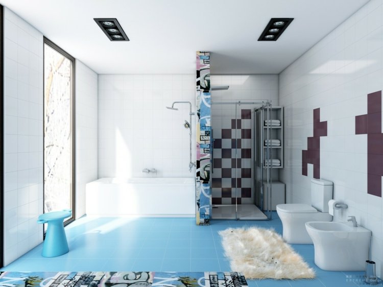 azul-azulejos-azul-bebê-azul-branco-marrom-rua-arte-chuveiro-cubículo-banheira embutida