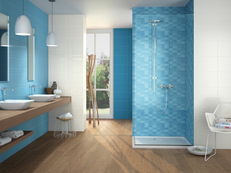 azul-azulejos-azul-céu-azul-padrão-geométrico-branco-bancada bacia-piso de madeira-armário baixo de madeira