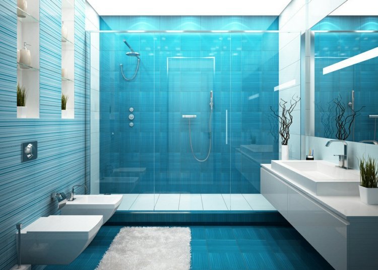 azul-azulejos-céu-azul-listrado-chuveiro-cubículo-parede de vidro-branco-bancada-base da bacia gabinete