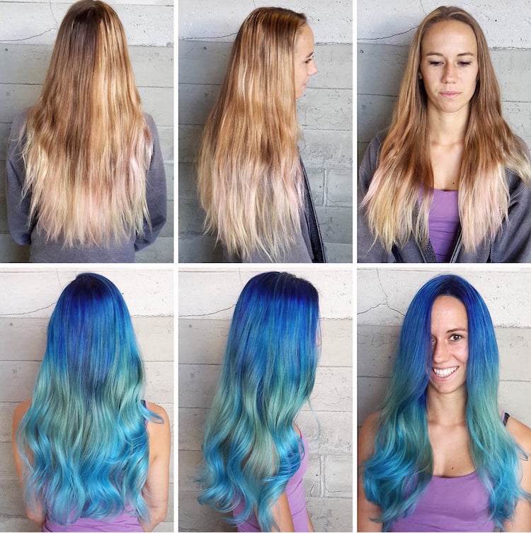 cabelo azul oceano tendência de cores de cabelo antes depois da loira