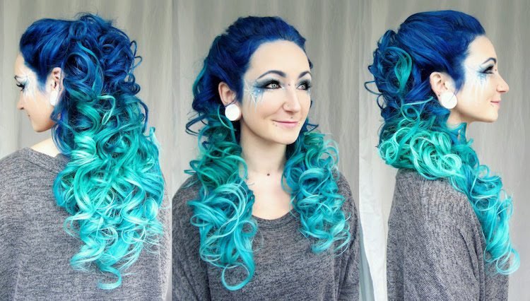 cabelo azul oceano cores da tendência cachos escuros claros