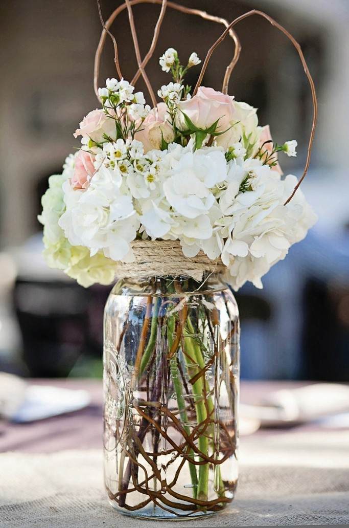 decoração de flores frasco de pedreiro estilo vintage branco diy