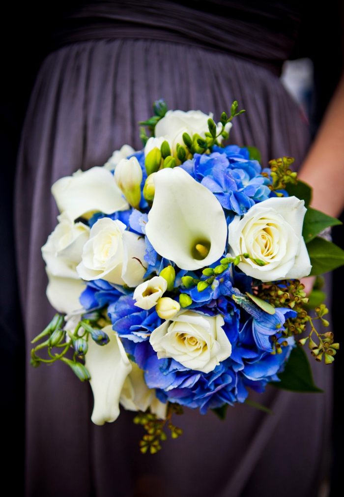 lírios, flores, tendências, elegante, noiva, bouquet, forma, azul, branco