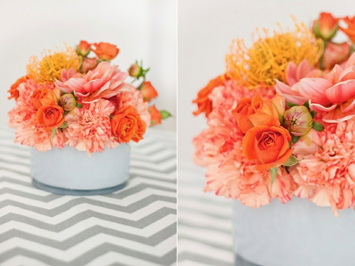 bouquet mesa decoração cores laranja amarelo crisântemo ideia