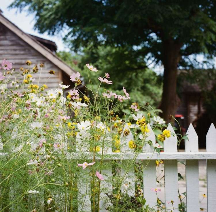 Crie um canteiro de flores próximo à cerca do jardim em estilo de casa de campo