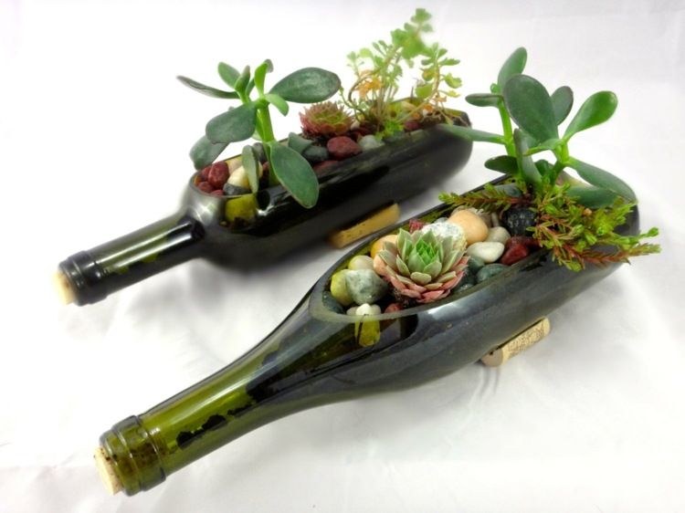 garrafa de vinho ideia vaso de flores suculentas seixos rolhas
