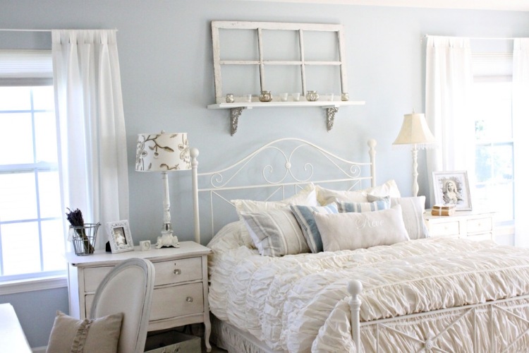 bohemian-style-bedroom-white-light-blue-lace-dresser-wall-design-old-window-wall-shelf
