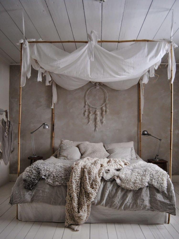 estilo boêmio-quarto-branco-tecido com dossel-madeira-sonho-colcha-tricô