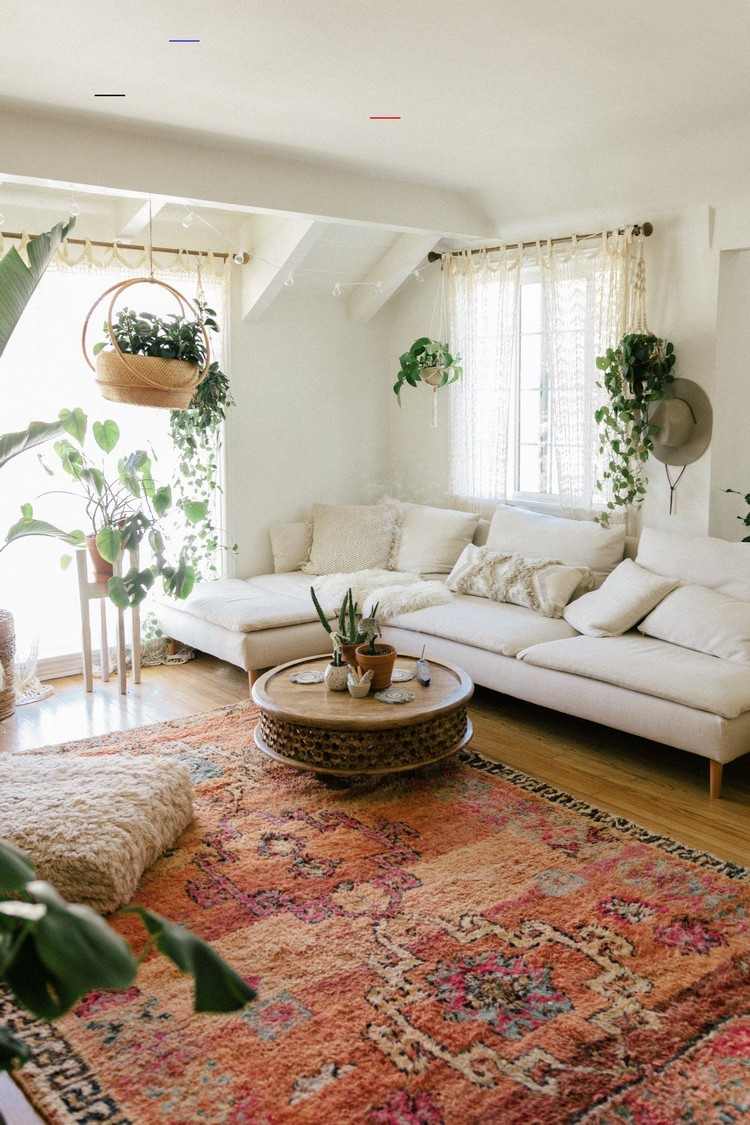 idéias de sala de estar boho moderna tapete marroquino que planta para a sala de estar