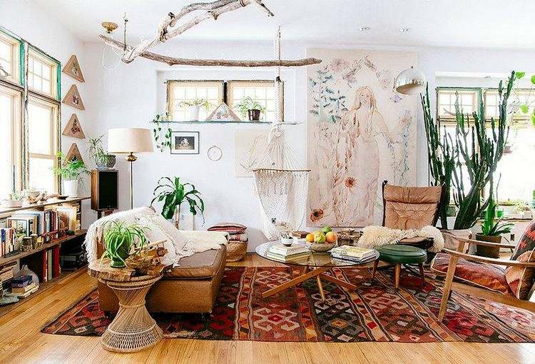 Boho design de sala de estar tapete marroquino tendência de móveis vintage