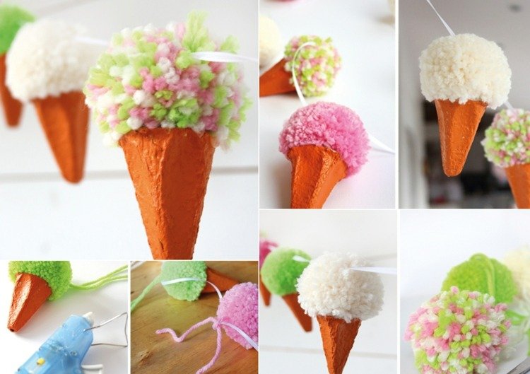 Artesanato com caixas de ovos e pompons - faça casquinhas de sorvete para uma guirlanda decorativa