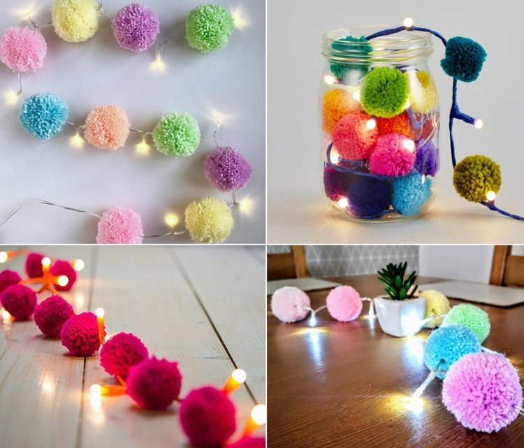 Cadeia de luzes lúdicas com pompons coloridos como iluminação decorativa