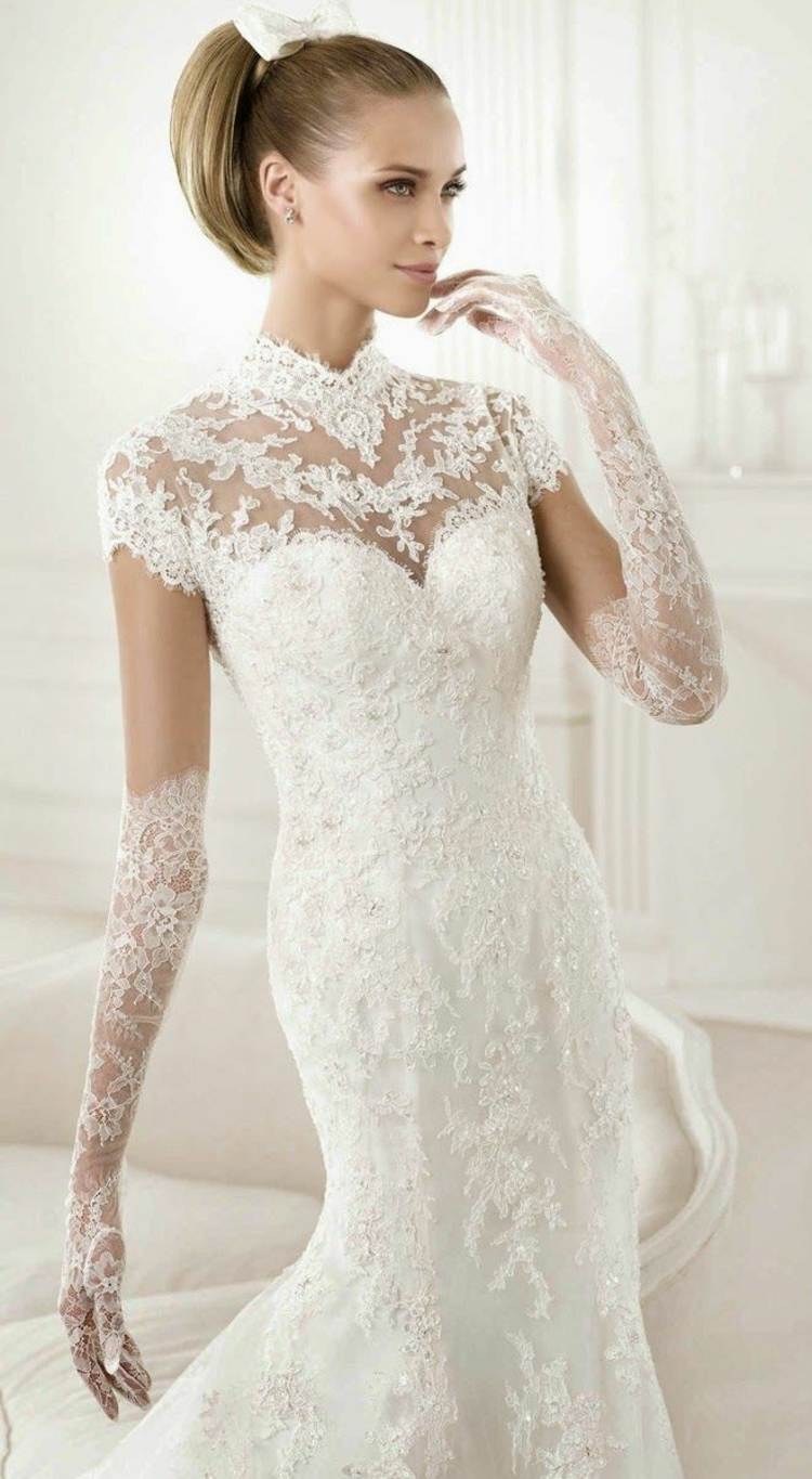 Luvas de noiva vestido de noiva longo de renda branca sereia