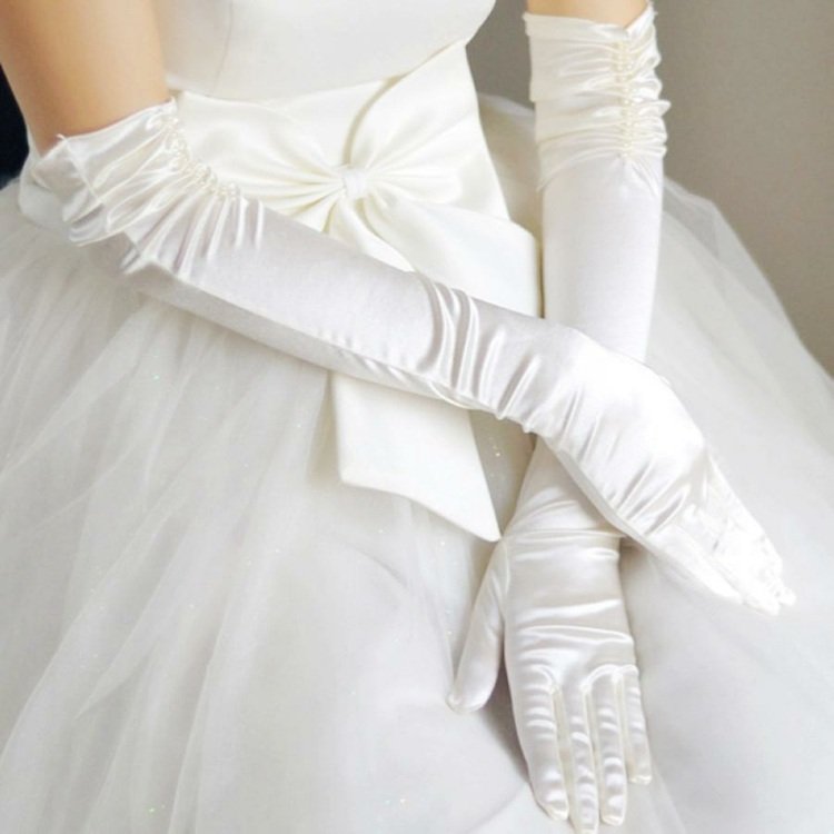Luvas de noiva compridas, dedos-cintura-laço-vestido-combinação