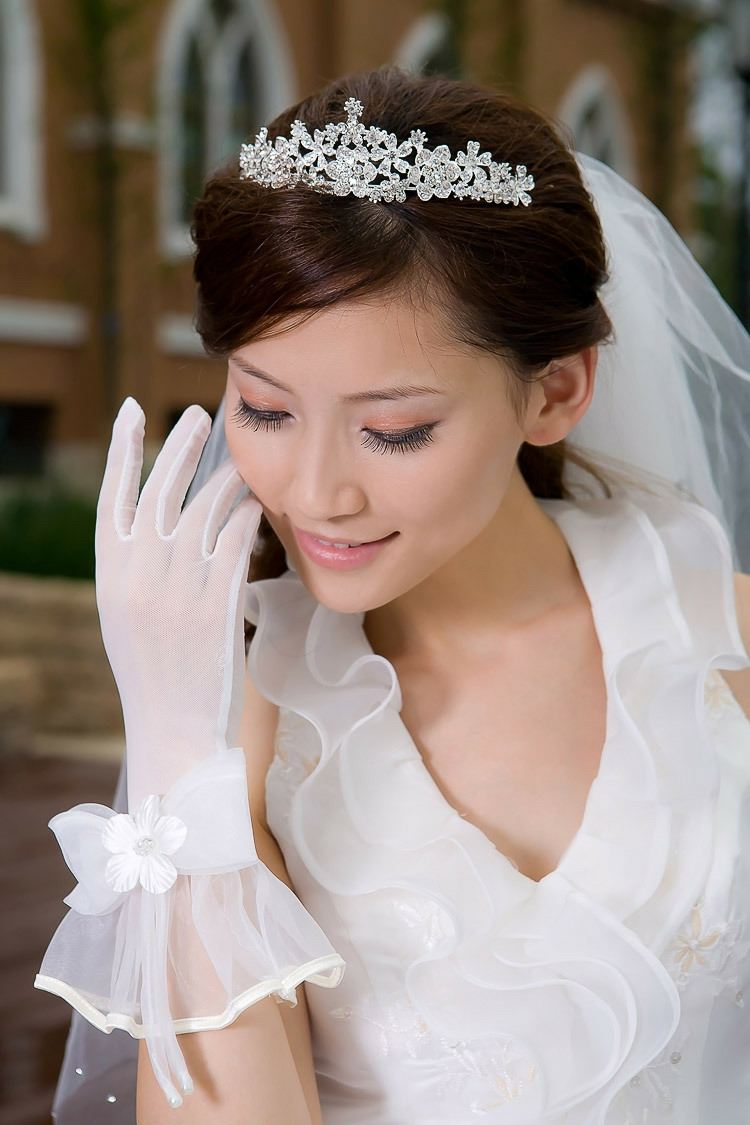 Luvas de noiva transparente-tecido-laço-flor-cabelo curto acessórios-coroa-diadema-véu