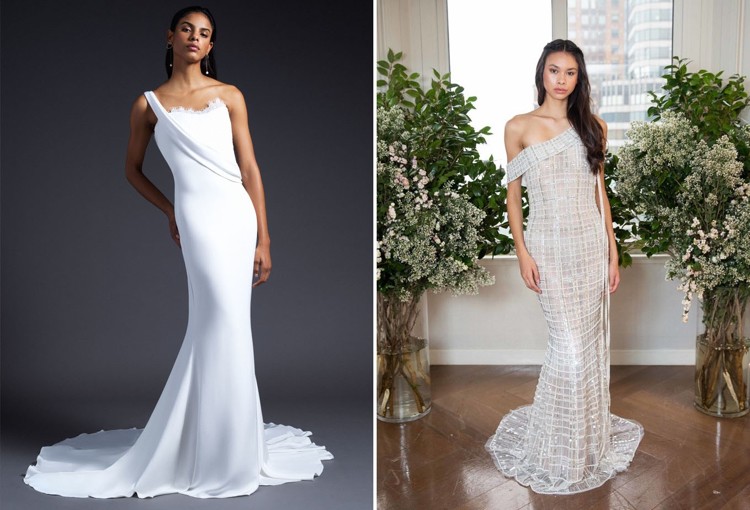 Vestidos de noiva 2019 decote assimétrico ombro livre