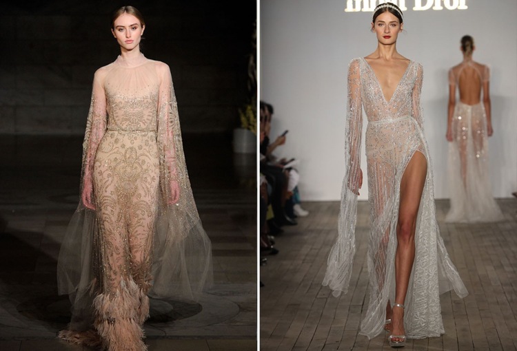 Vestidos de noiva 2019, mangas grandes com decote em V dramático