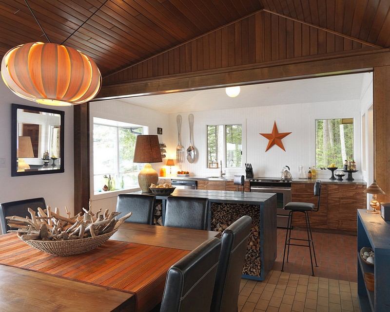Armazenamento de lenha, cozinha, ilha, espaço de armazenamento, sala de estar, pilha de lenha