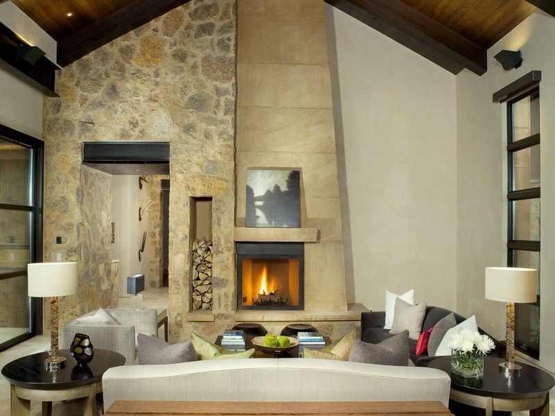 Armazém de lenha-sala de estar-estilo de casa de campo-pedra natural-elemento de construção-lareira