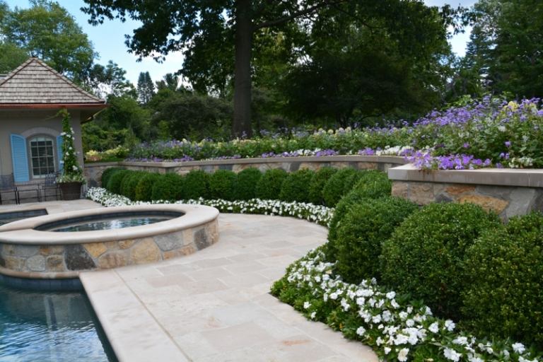 buxo nas flores da parede do jardim azulejos brancos de hidromassagem para piscina