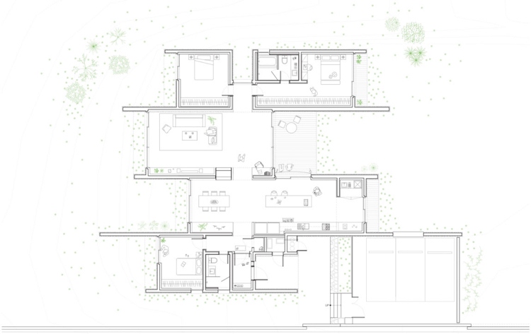 bangalô-casa-pedra natural-moderno-plano de estar-piso plano-quartos