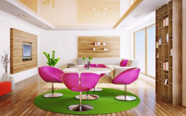 moderna-sala-de-estar-verde-carpete-redondo-de-madeira-piso-roxo-poltrona-giratória