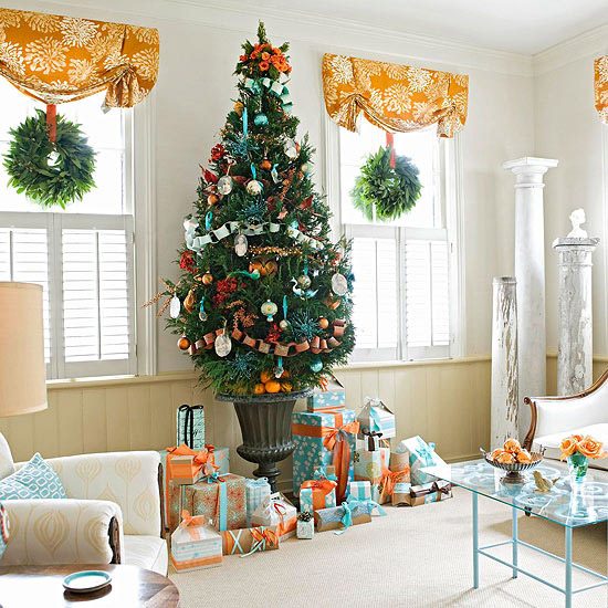 decoração da árvore de natal-laranja-azul