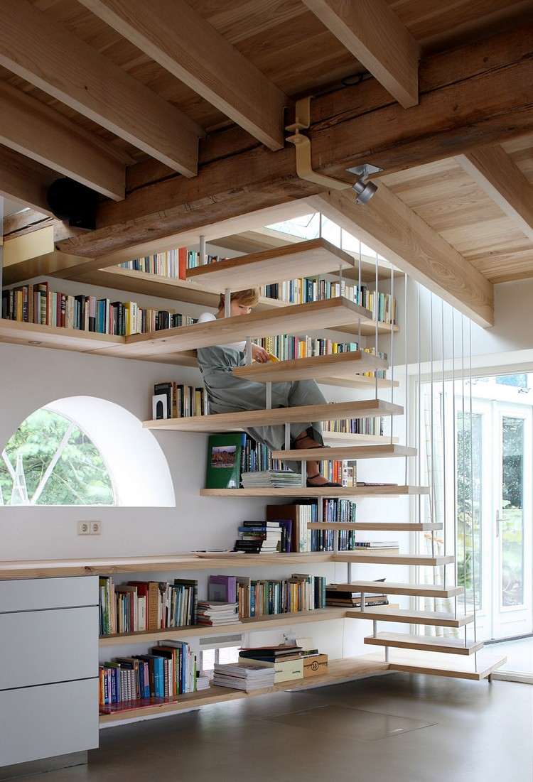 idéias de decoração biblioteca casa prateleiras de parede escadas flutuantes
