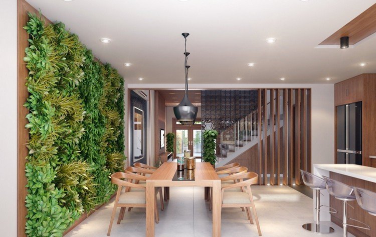 parede verde plantio vertical sala de jantar madeira natural