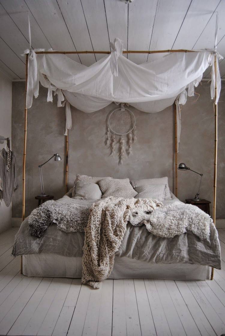 cama com dossel idéias de decoração quarto estilo boho cores motivos apanhador de sonhos