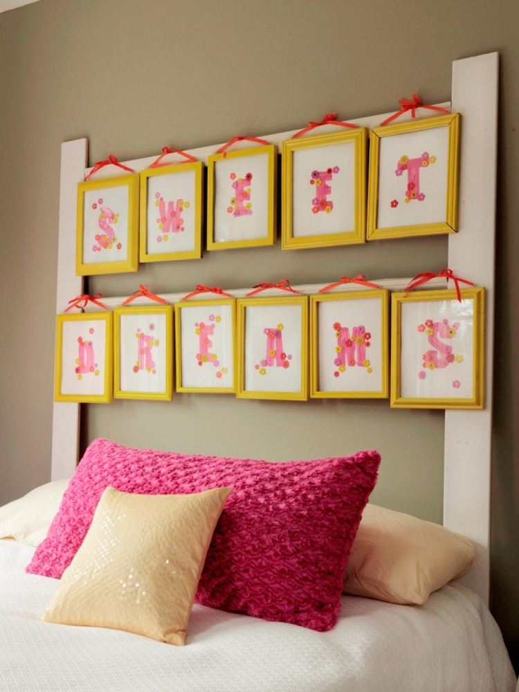 Ótimas ideias vivas para fazer você mesmo moldura da cabeceira da cama, travesseiro de cama amarelo, motivos rosa